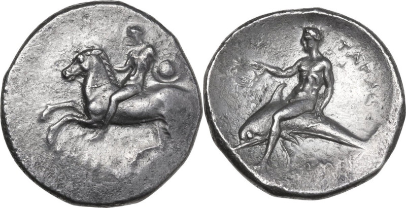 Greek Italy. Southern Apulia, Tarentum. AR Nomos, 302-280 BC. Obv. Horseman left...