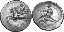 Greek Italy. Southern Apulia, Tarentum. AR Nomos, 302-280 BC. Obv. Horseman left, holding round shield. Rev. Phalanthos riding on dolphin left, holdin...