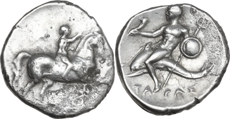 Greek Italy. Southern Apulia, Tarentum. AR Nomos, 280-272 BC. Obv. Horseman righ...