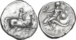 Greek Italy. Southern Apulia, Tarentum. AR Nomos, 280-272 BC. Obv. Horseman right, crowning horse. Rev. Phalanthos riding on dolphin left, holding cor...