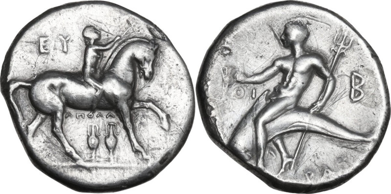 Greek Italy. Southern Apulia, Tarentum. AR Nomos, 280-272 BC. Obv. Horseman righ...