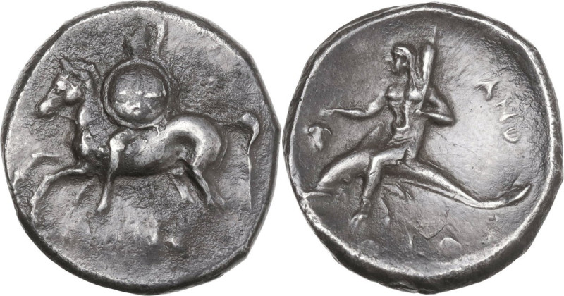 Greek Italy. Southern Apulia, Tarentum. AR Nomos, 281-272 BC. Obv. Horseman left...