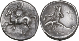Greek Italy. Southern Apulia, Tarentum. AR Nomos, 281-272 BC. Obv. Horseman left, holding round shield. Rev. Phalanthos riding on dolphin left, holdin...
