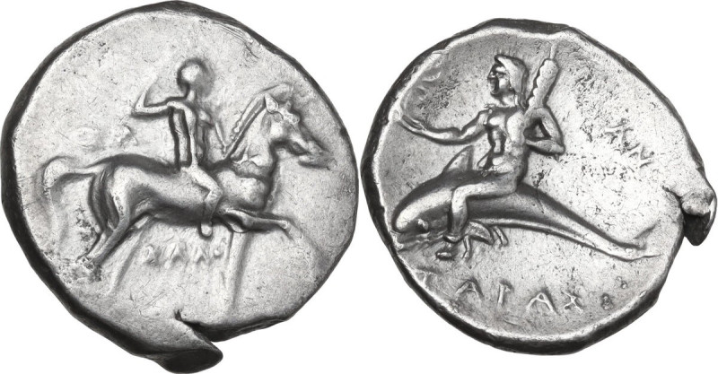 Greek Italy. Southern Apulia, Tarentum. AR Nomos, 280-272 BC. Obv. Horseman righ...