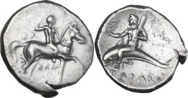 Greek Italy. Southern Apulia, Tarentum. AR Nomos, 280-272 BC. Obv. Horseman right, crowning himself. Rev. Phalanthos riding on dolphin left, holding a...
