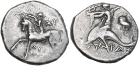 Greek Italy. Southern Apulia, Tarentum. AR Nomos, 272-240 BC, Lykinos magistrate. Obv. Horseman crowning his horse left. Rev. Phalanthos riding on dol...