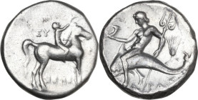 Greek Italy. Southern Apulia, Tarentum. AR Nomos, 272-240 BC. Obv. Horseman right, crowning horse. Rev. Phalanthos riding on dolphin left, holding rhy...