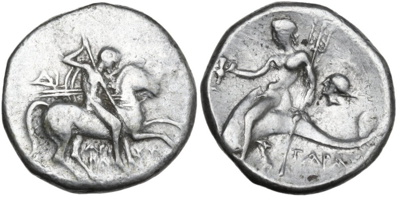 Greek Italy. Southern Apulia, Tarentum. AR Nomos, 272-240 BC. Obv. Horseman righ...