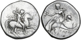 Greek Italy. Southern Apulia, Tarentum. AR Nomos, 272-240 BC. Obv. Horseman right, spearing downwards. Rev. Phalanthos riding on dolphin left, holding...