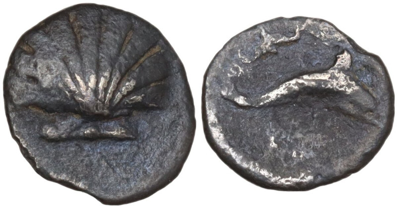 Greek Italy. Southern Apulia, Tarentum. AR 1/10 Stater, 280-228 BC. Obv. Scallop...