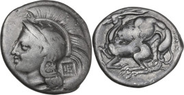 Greek Italy. Northern Lucania, Velia. AR Stater, c. 280 BC. Obv. Head of Athena left, wearing helmet decorated with Pegasus; above, A; behind neck, IE...