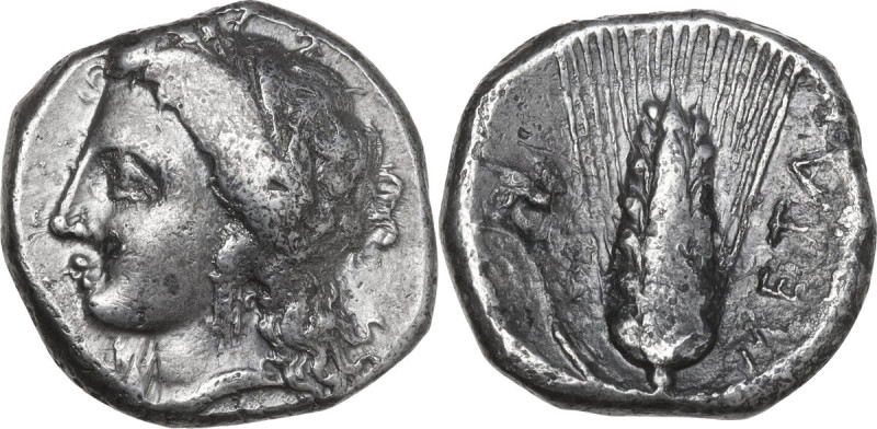 Greek Italy. Southern Lucania, Metapontum. AR Nomos, 330-290 BC. Obv. Head of De...