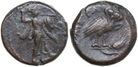 Greek Italy. Southern Lucania, Metapontum. AE 14 mm, 250-207 BC. Obv. Athena Promachos right. Rev. Owl standing three-quarters right on stalk of barle...