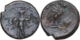 Greek Italy. Southern Lucania, Metapontum. AE 15 mm, 250-207 BC. Obv. Athena Promachos left. Rev. Owl standing right on barley ear, head facing, wings...