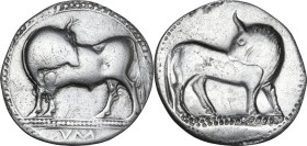 Greek Italy. Southern Lucania, Sybaris. AR Stater, 550-510 BC. Obv. Bull standing left, head right; in exergue, VM. Rev. Incuse of the obverse, no leg...