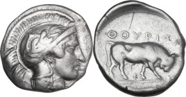 Greek Italy. Southern Lucania, Thurium. AR Stater, 443-410 BC. Obv. Head of Athena right, wearing helmet decorated with wreath. Rev. Bull standing rig...