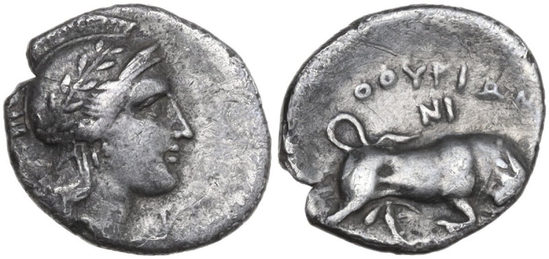 Greek Italy. Southern Lucania, Thurium. AR Diobol, 350-300 BC. Obv. Head of Athe...