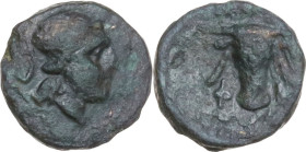 Greek Italy. Southern Lucania, Thurium. AE 9 mm, 350-325 BC. Obv. Helmeted head of Athena right. Rev. Filleted bucranium. HN Italy 1922; HGC 1 1301. A...