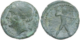 Greek Italy. Bruttium, The Brettii. AE 16 mm, 214-211 BC. Obv. Head of Nike left. Rev. Zeus striding right, brandishing thunderbolt and holding sceptr...