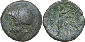 Greek Italy. Bruttium, The Brettii. AE Double unit, 211-208 BC. Obv. Helmeted head of Ares left. Rev. Athena advancing right, holding spear and long o...