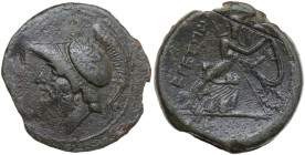 Greek Italy. Bruttium, The Brettii. AE Double unit, 208-203 BC. Obv. Helmeted head of Ares left. Rev. Athena striding right, holding spear and large o...