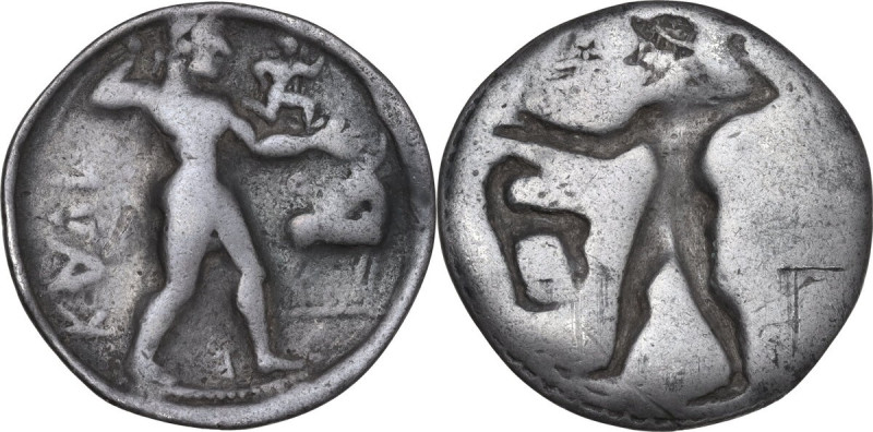 Greek Italy. Bruttium, Kaulonia. AR Stater, 525-500 BC. Obv. Apollo striding rig...