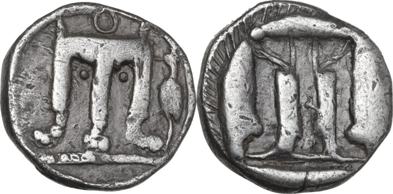 Greek Italy. Bruttium, Kroton. AR Stater, 480-430 BC. Obv. Tripod; to right, mar...