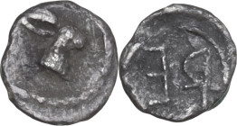 Greek Italy. Bruttium, Rhegion. AR Hexas, 480-460 BC. Obv. Head of hare right. Rev. RE (retrograde). HN Italy -; HGC 1 1664. AR. 0.09 g. 6.00 mm. RRR....