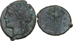 Greek Italy. Bruttium, Rhegion. AE 23 mm, 260-215 BC. Obv. Laureate head of Apollo left. Rev. Tripod. HN Italy 2543; HGC 1 1677. AE. 7.17 g. 23.50 mm....