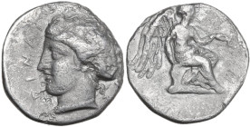 Greek Italy. Bruttium, Terina. AR Stater, 420-400 BC. Obv. Head of nymph left. Rev. Nike seated on cippus right, holding caduceus. HN Italy 2621; HGC ...