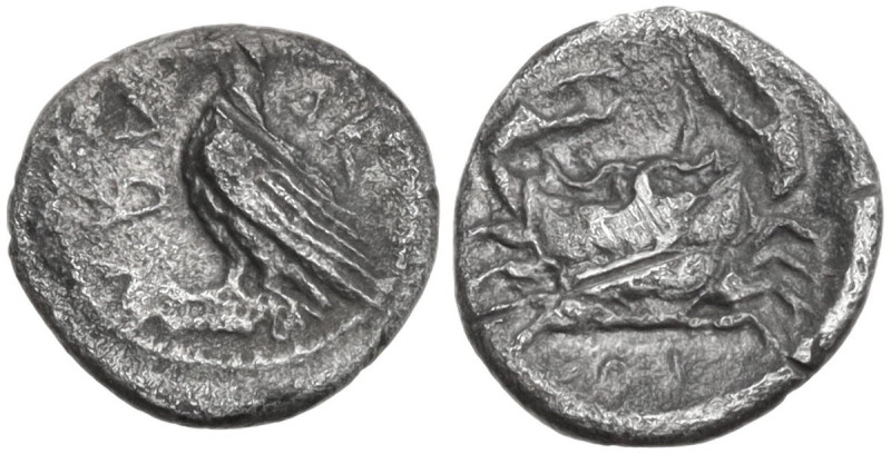 Sicily. Akragas. AR Litra, c. 450-440 BC. Obv. AK-PA (retrograde). Eagle standin...