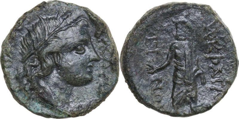 Sicily. Akragas. AE 19 mm, 240-212 BC. Obv. Head of Persephone right, wearing wr...