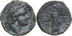 Sicily. Akragas. AE 19 mm, 240-212 BC. Obv. Head of Persephone right, wearing wreath of grain. Rev. Asklepios standing front, head left, holding branc...