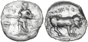 Sicily. Entella. AR Litra, 430-420 BC. Obv. Female figure standing left, holding patera and filleted temple key; to left, altar. Rev. Man-headed bull ...