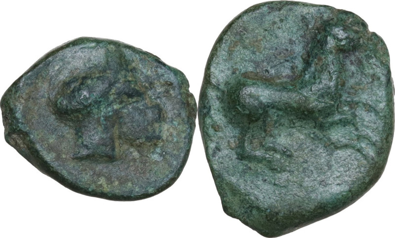 Sicily. Entella. AE 19 mm, 410-368 BC. Obv. Campania helmet right. Rev. Horse ga...