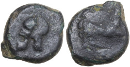 Sicily. Entella. Campanian Mercenaries. AE Hexas(?), c. 342-338 BC. Obv. Campanian helmet left. Rev. Horse galloping right. CNS I 14 var. (helmet to r...