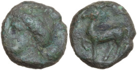 Sicily. Eryx. AE 24 mm, 400-340 BC. Obv. Female head left. Rev. Horse standing left, right foreleg raised. HGC 2 327; CNS I 19. AE. 4.56 g. 14.50 mm. ...