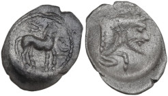 Sicily. Gela. AR Litra, 465-450 BC. Obv. Bridled horse standing left; above, wreath. Rev. Forepart of man-headed bull right. HGC 2 373; SNG Cop. 272. ...