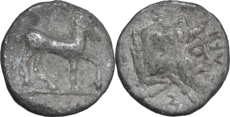 Sicily. Gela. AR Litra, 465-450 BC. Obv. Horse standing right, raising one forel...