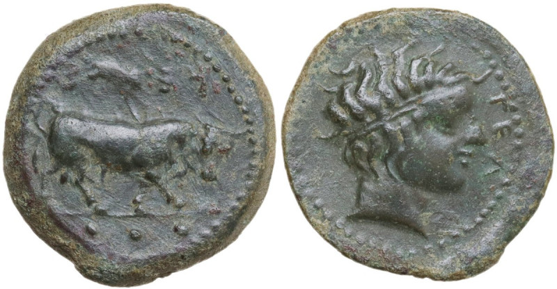 Sicily. Gela. AE Tetras, 420-405 BC. Obv. Bull right, head in three-quarter view...