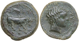 Sicily. Gela. AE Tetras, 420-405 BC. Obv. Bull right, head in three-quarter view. Rev. Head of river god right, wearing tainia. Cf. CNS III 25 (barley...
