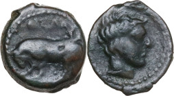 Sicily. Gela. AE Onkia, 420-405 BC. Obv. Bull butting left. Rev. Head of river god right. CNS III 11; HGC 2 382. AE. 1.64 g. 12.00 mm. VF.