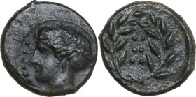 Sicily. Himera. AE Hemilitron-Hexonkion, c. 415-409 BC. Obv. Female head left, wearing sphendone; before, six pellets. Rev. Six pellets; all within la...