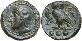 Sicily. Kamarina. AE Tetras or Trionkion, c. 410-405 BC. Obv. Head of Athena left, wearing crested Corinthian helmet decorated with a wing. Rev. KAMA....