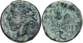 Sicily. Katane. AE Tetras, 405-402 BC. Obv. Head of river god Amenanos left. Rev. Winged thunderbolt. CNS III 1; HGC 2 607. AE. 0.77 g. 9.50 mm. Partl...