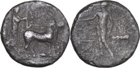 Sicily. Selinos. AR Tetradrachm, 440-420 BC. Obv. Artemis driving slow biga right, besides her Apollo shooting bow; below, corn of grain. Rev. Selinos...