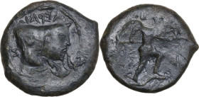 Sicily. Sileraioi. AE Tetras, 357-336 BC. Obv. Forepart of man-headed bull right. Rev. Warrior advancing right, holding shield and spear. CNS III 2; H...