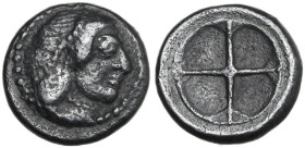 Sicily. Syracuse. Hieron I (478-466 BC). AR Obol, c. 475-470 BC. Obv. Diademed head of Arethusa right. Rev. Wheel of four spokes. HGC 2 1371; SNG ANS ...