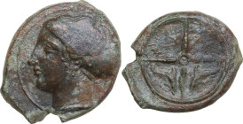 Sicily. Syracuse. Second Democracy (466-405 BC). AE Hemilitra, c. 405-400 BC. Obv. Head of Arethusa left, wearing necklace and hair in sphendone; dolp...