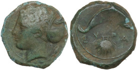 Sicily. Syracuse. Second Democracy (466-405 BC). AE Hemilitron, c. 415-405 BC. Obv. Head of Arethusa left, wearing sphendone and earring; behind, two ...